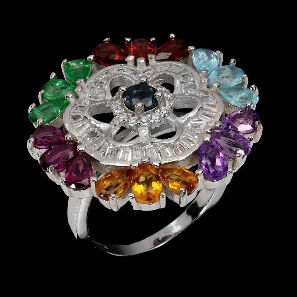 Colorful Natural Multi Gemstone Cocktail Ring Size 8 in 925 Sterling Silver.